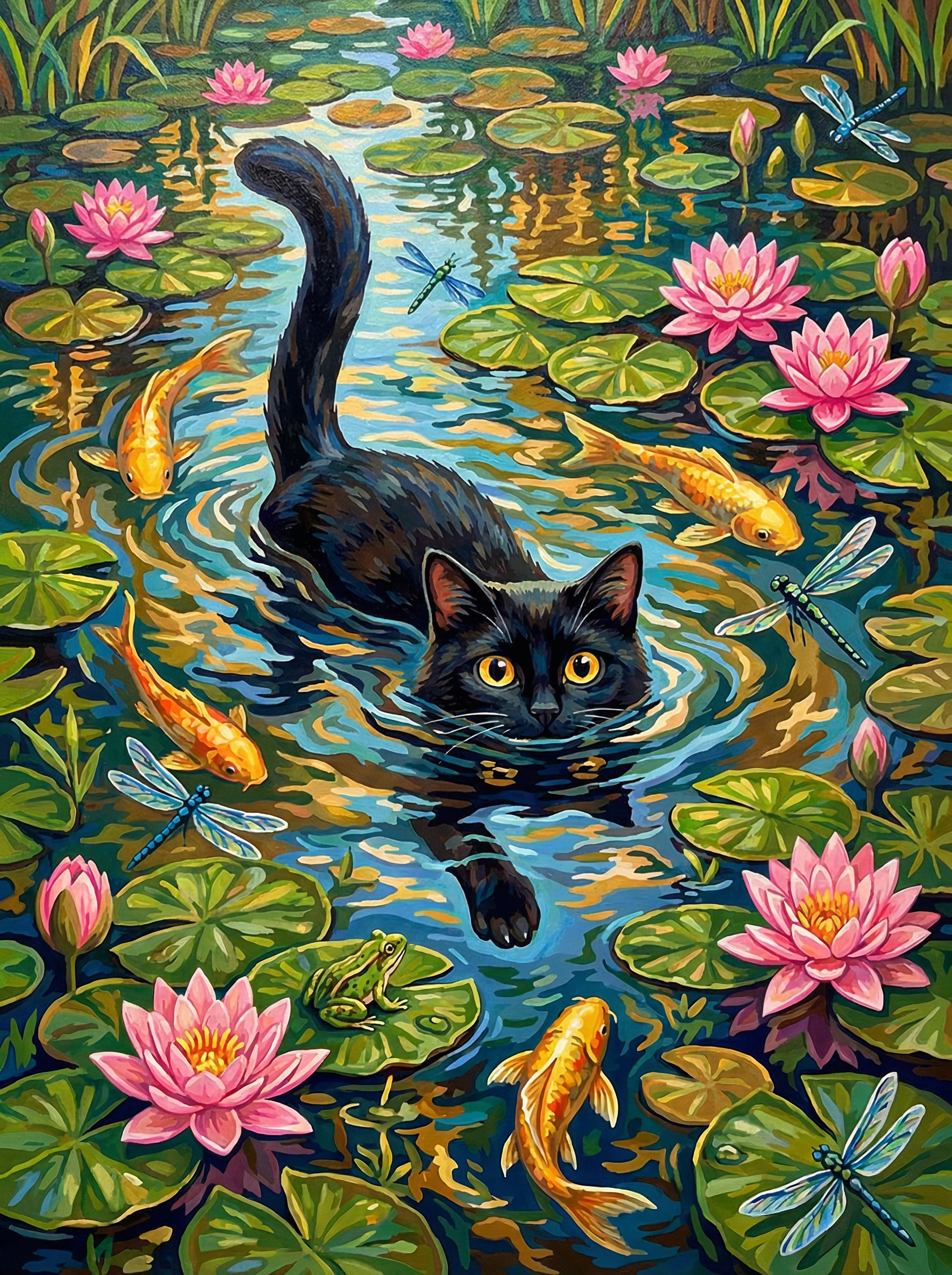 Black Cat Water Lilies (150 Color Diamond Painting)