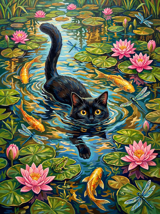 Black Cat Water Lilies (150 Color Diamond Painting)