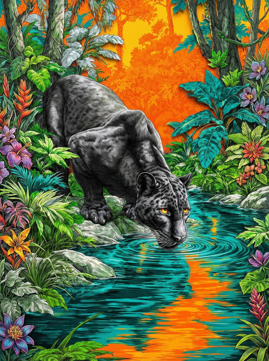 Black Panther At Sunset Stream (150 Color Diamond Painting)