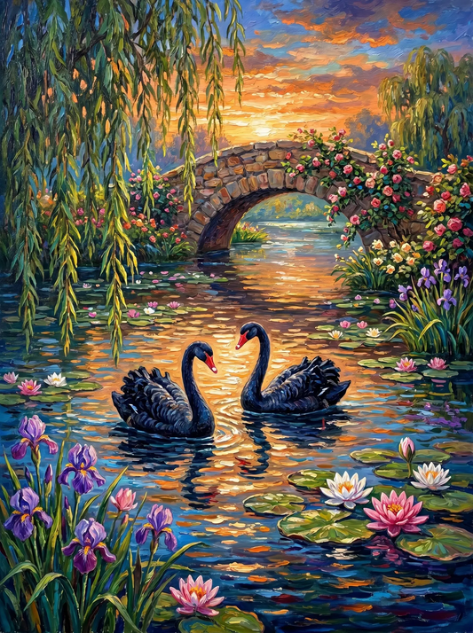 Black Swans Bridge Sunset (Diamond Painting) Diamond Painting kit