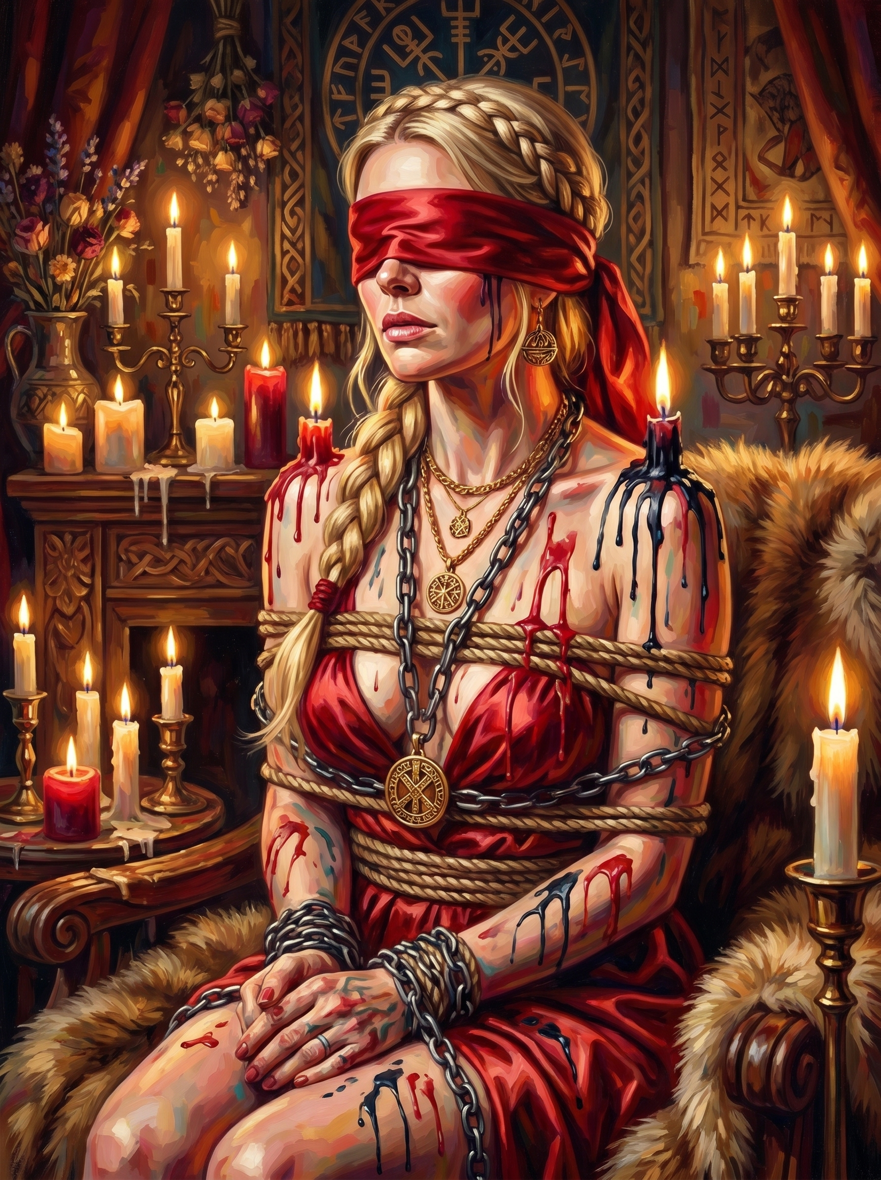 Blindfolded Norse Woman Red Dress (150 Color Diamond Painting)