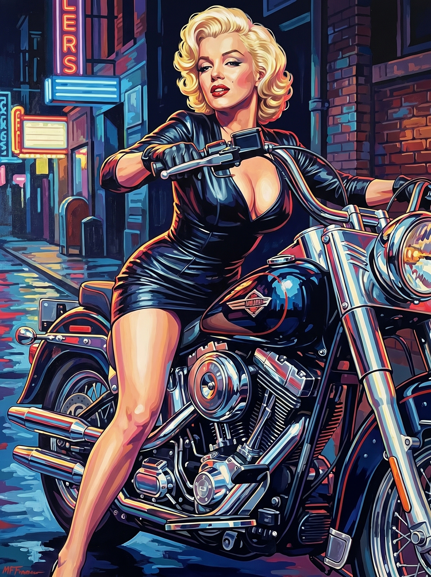 Blonde Bombshell Motorcycle Neon Night (150 Color Diamond Painting)