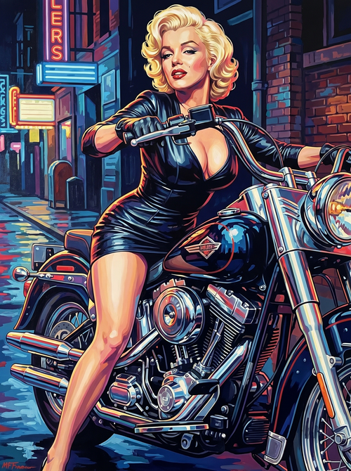 Blonde Bombshell Motorcycle Neon Night (150 Color Diamond Painting)