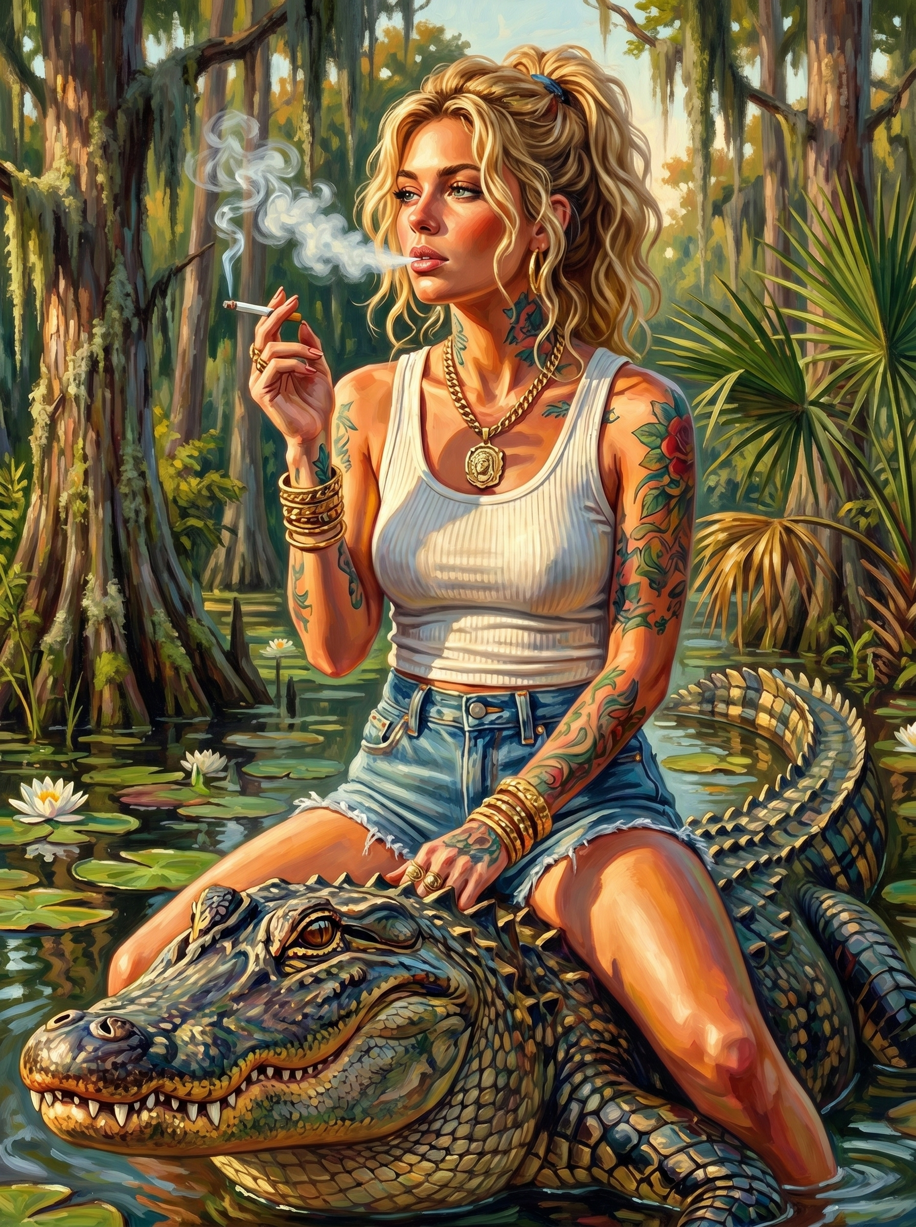 Blonde Pinup Alligator Cypress (150 Color Diamond Painting)