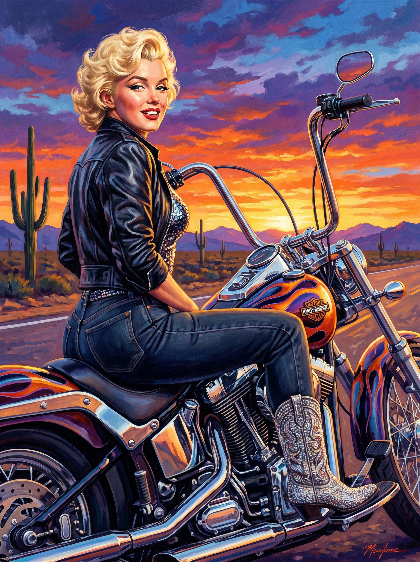 Blonde Pinup Harley Desert Sunset (150 Color Diamond Painting)
