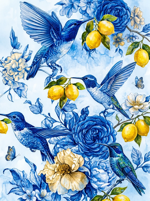 Blue Hummingbirds Lemon Roses (Diamond Painting)