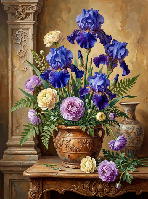 Blue Iris Ranunculus Vase (Diamond Painting)
