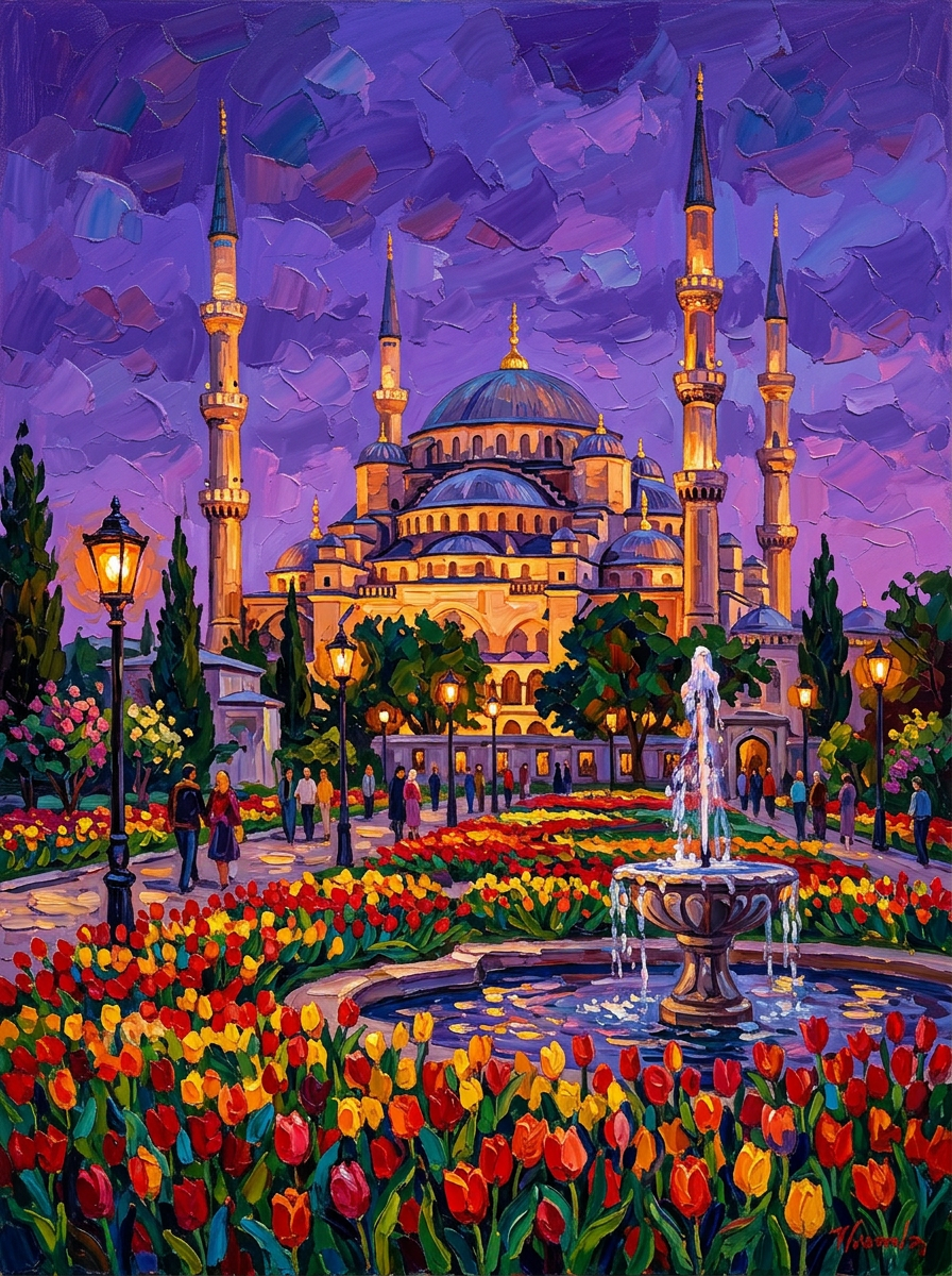 Blue Mosque Istanbul Tulips (150 Color Diamond Painting)