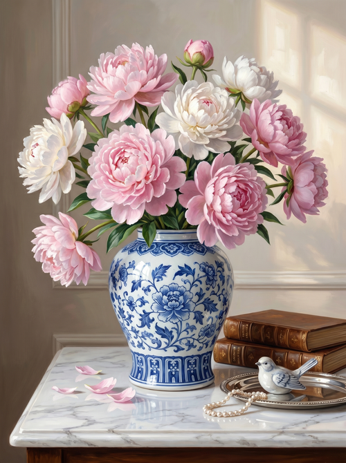 Blue Porcelain Peonies Vase (Diamond Painting)