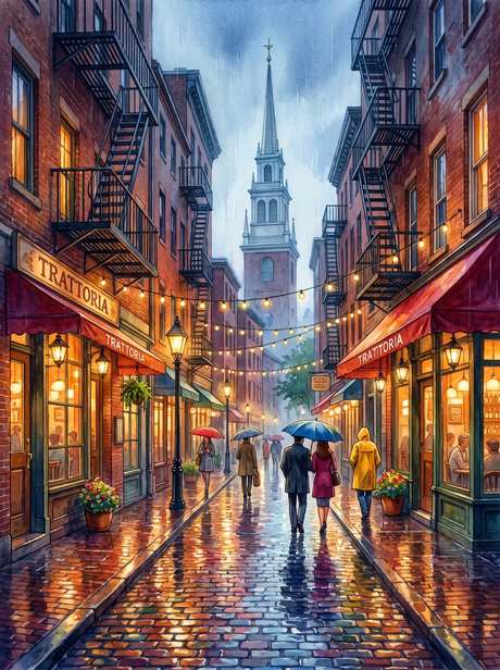 Wet Evening in the North End, Boston