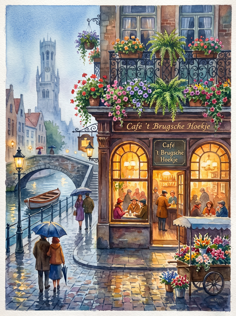Bruges Belfry Canal Rainy Café