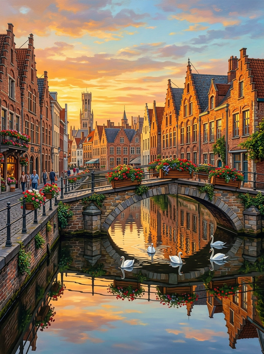 Bruges Canal Swans II (150 Color Diamond Painting)