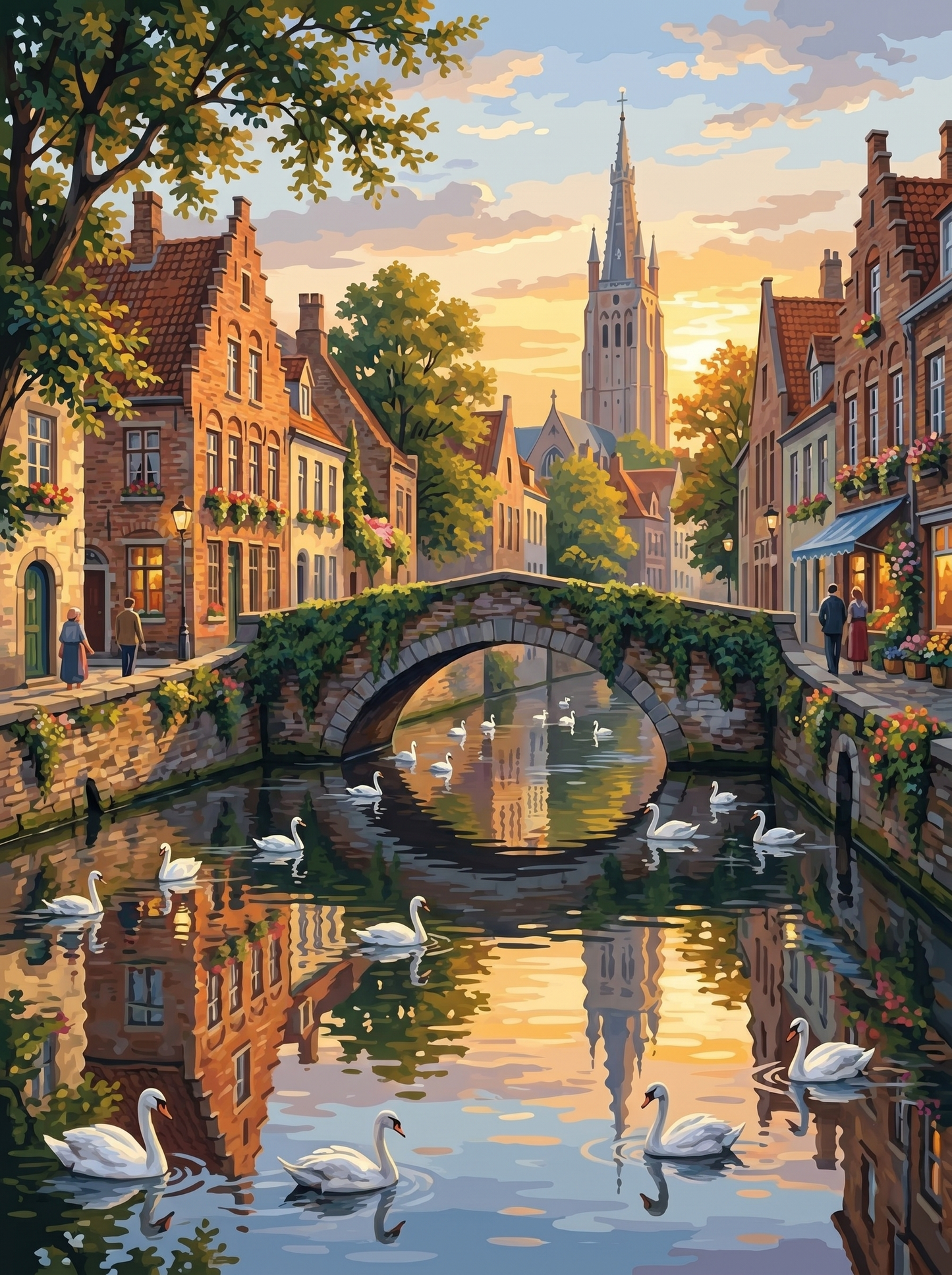 Bruges Canal Swans (150 Color Diamond Painting)