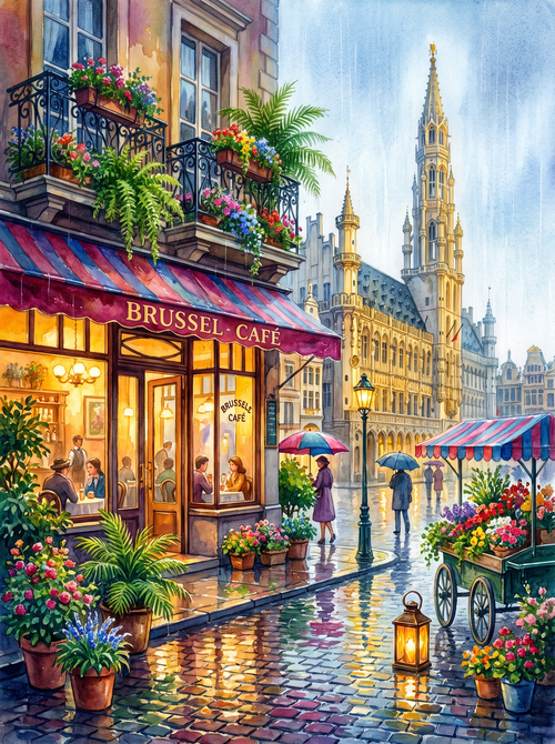 Brussels Grand Place Rainy Café