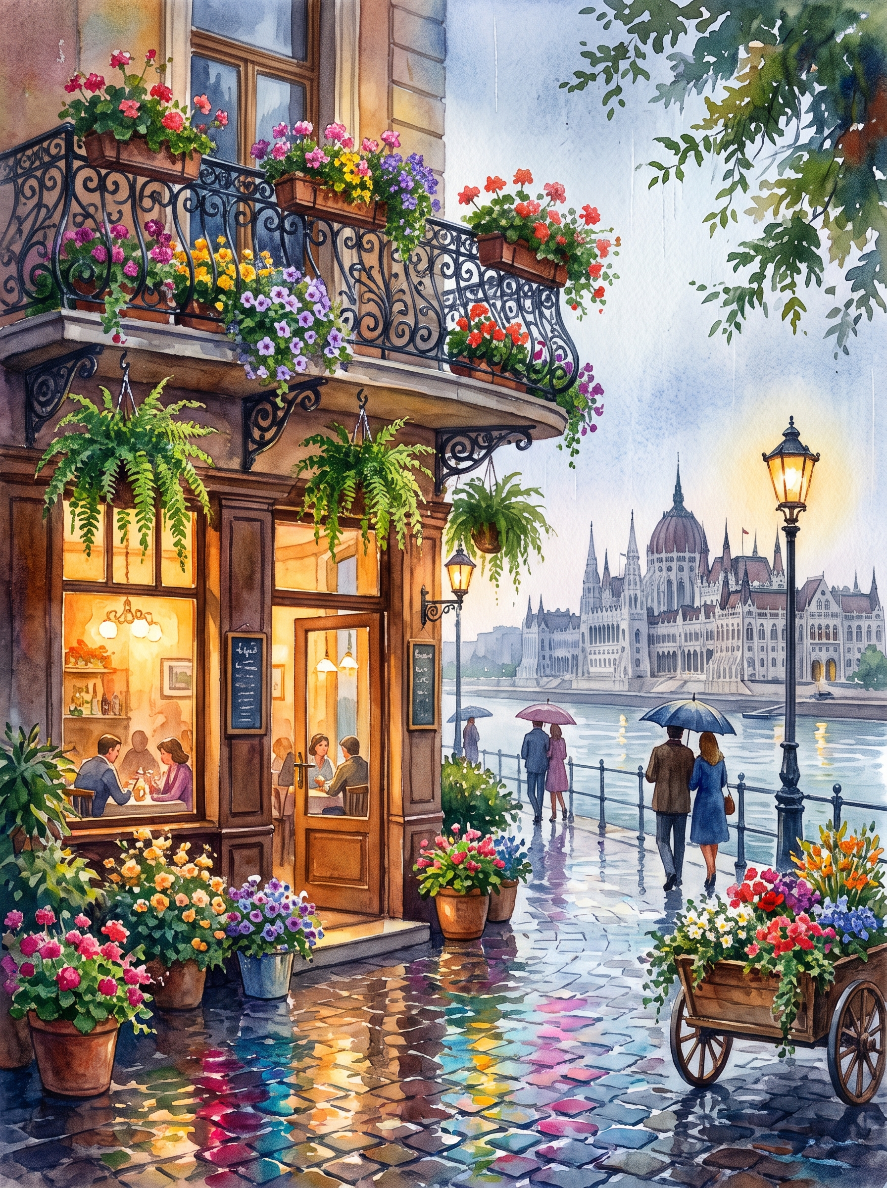Budapest Parliament Rainy Café