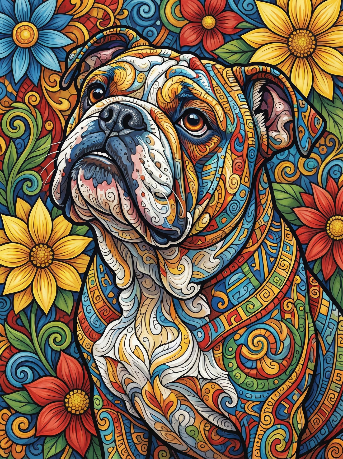 Bulldog With Floral Patterns (100 Color Diamond Painting)