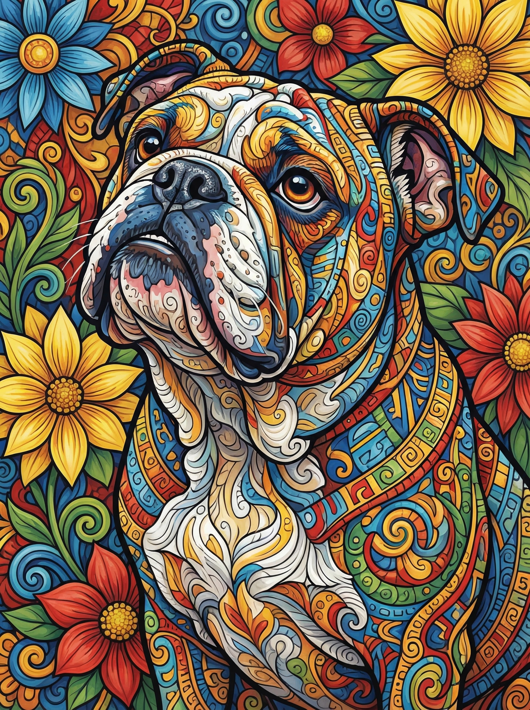 Bulldog With Floral Patterns (100 Color Diamond Painting)