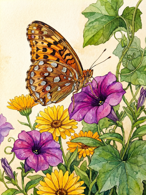 Butterfly Petunia Daisy Watercolor (Diamond Painting)