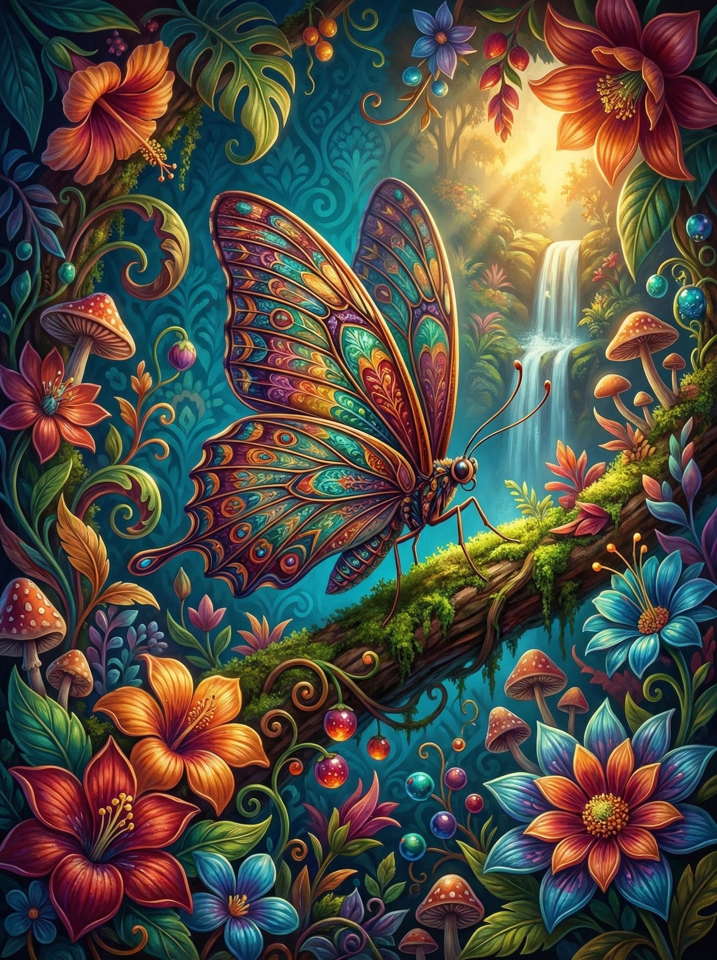 Butterfly Waterfall Mushroom Forest (100 Color Diamond Painting)