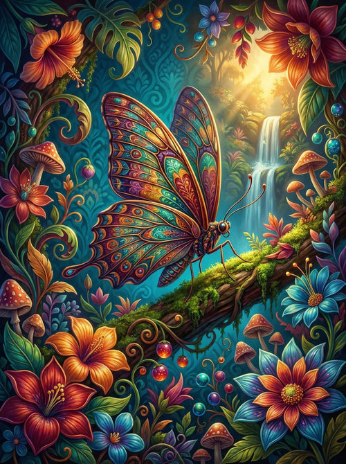 Butterfly Waterfall Mushroom Forest (100 Color Diamond Painting)