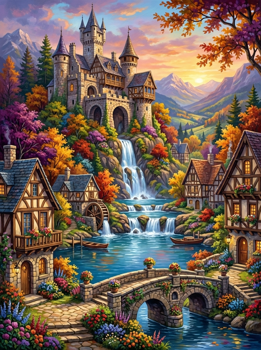 Castle Falls Village (100 Color Diamond Painting)