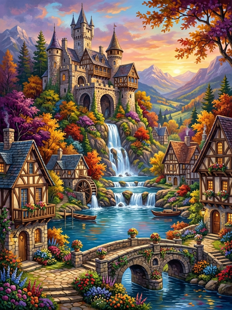 Castle Falls Village (100 Color Diamond Painting) Diamond Painting kit