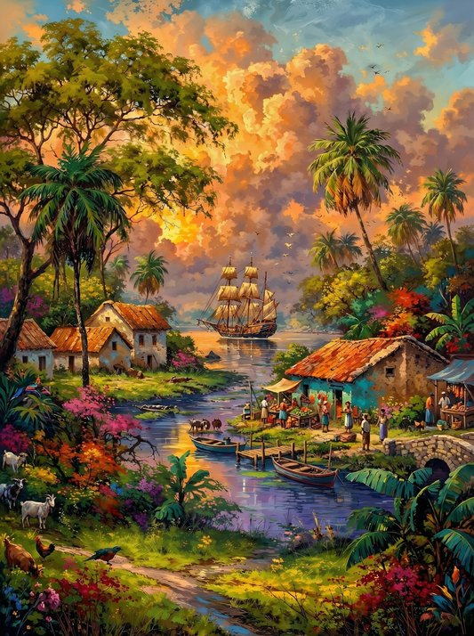 Tropical Village at Sunset Harbor (Board Canvas)