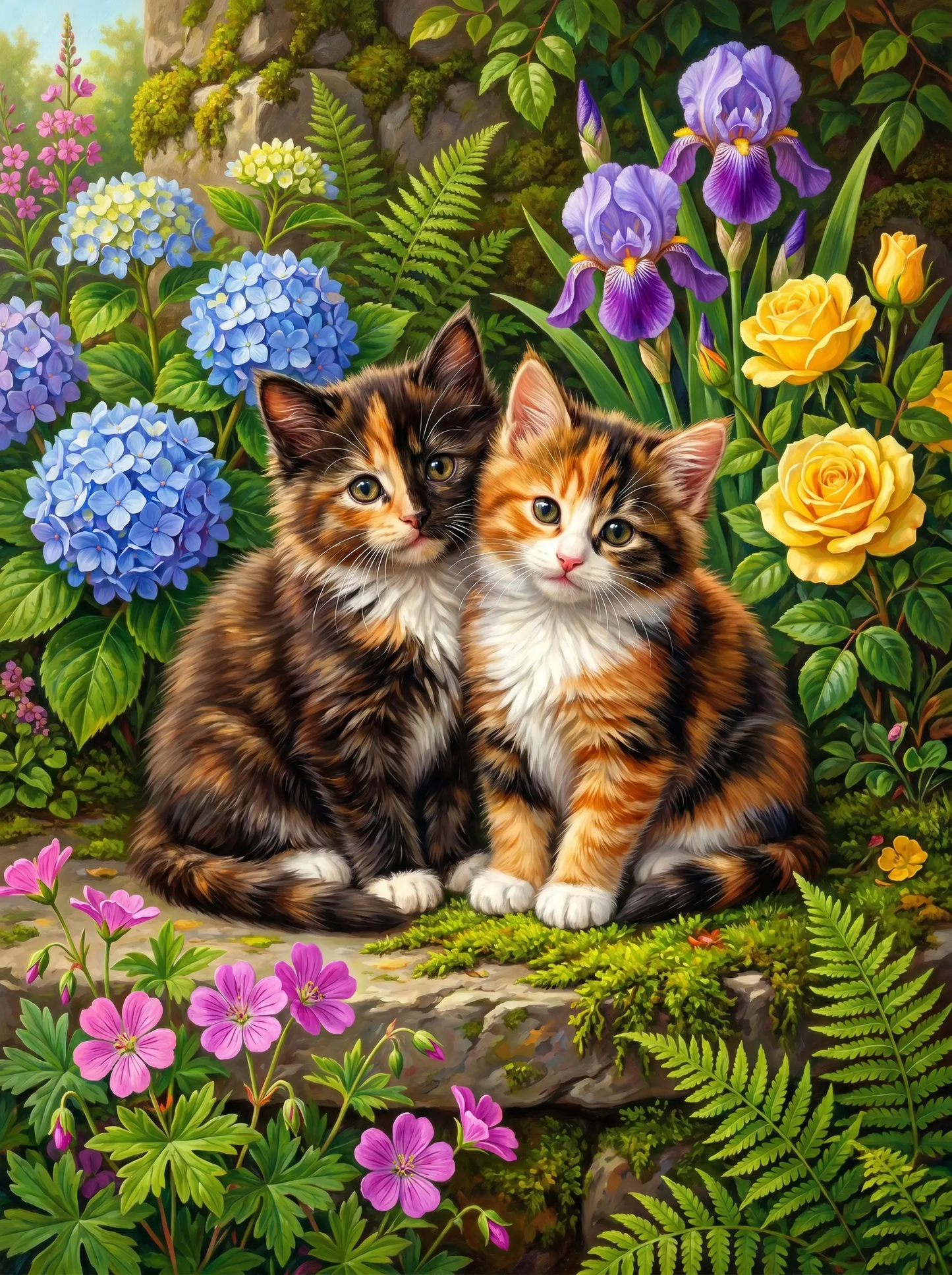 Calico Kittens Hydrangea Garden (Diamond Painting)