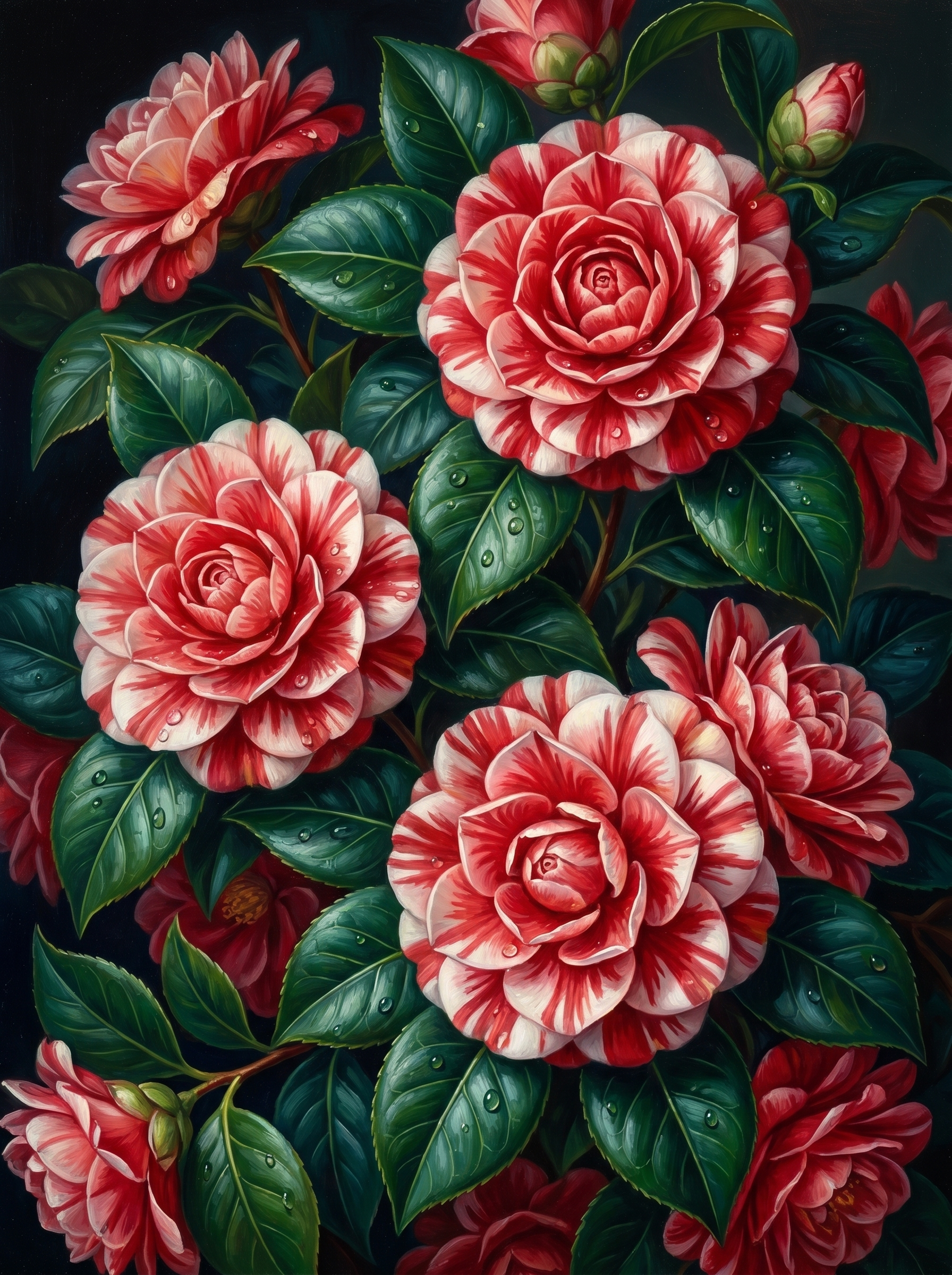 Camellia Red White Dark (Diamond Painting)