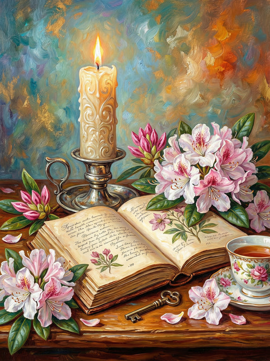 Candlelit Book With Peonies (Diamond Painting)