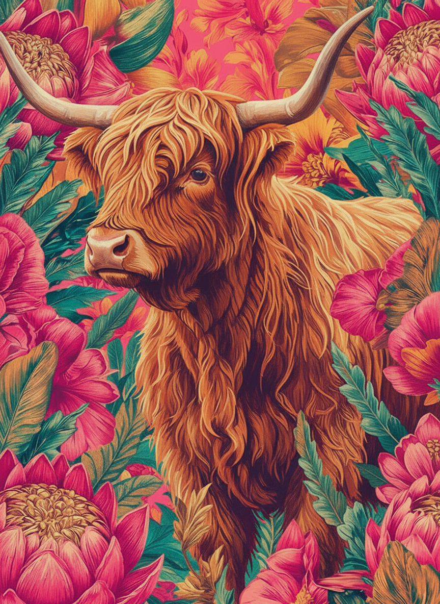 Highland Cow in Scarlet Fields (Board Canvas)