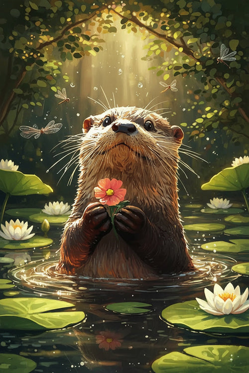 Otter Holding a Flower (Board Canvas)