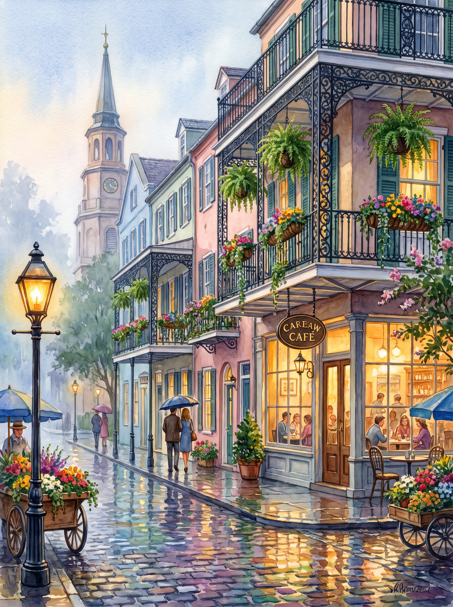 Charleston Rainbow Row Rainy Café