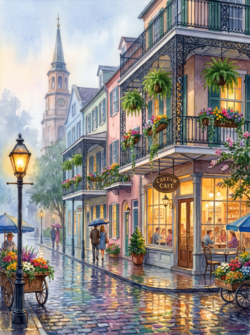 Charleston Rainbow Row Rainy Café