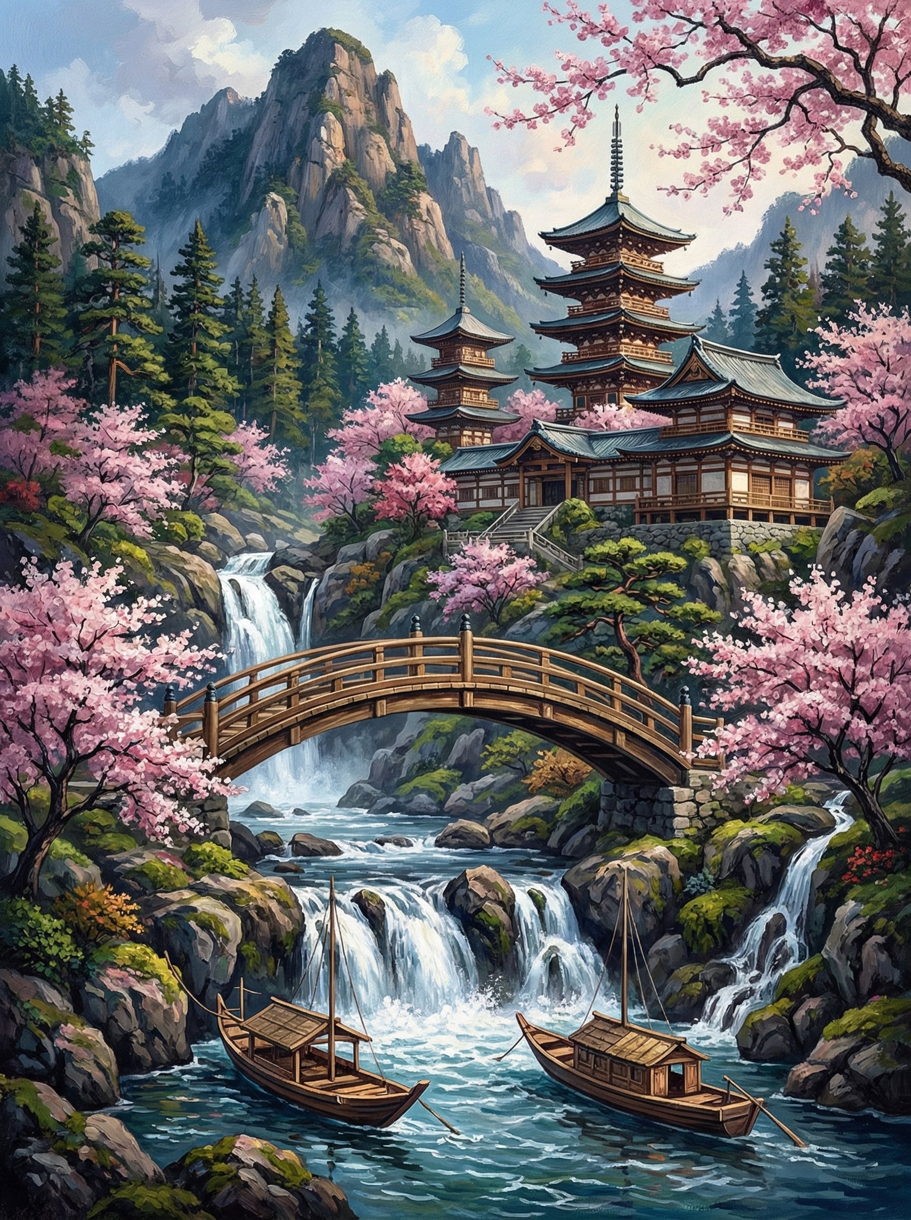Cherry Blossom Pagoda Bridge (Diamond Painting) Diamond Painting kit