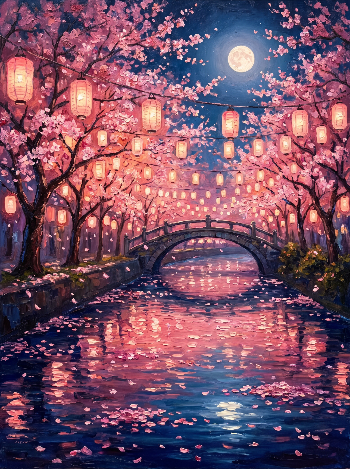 Cherry Blossom River Lanterns Night