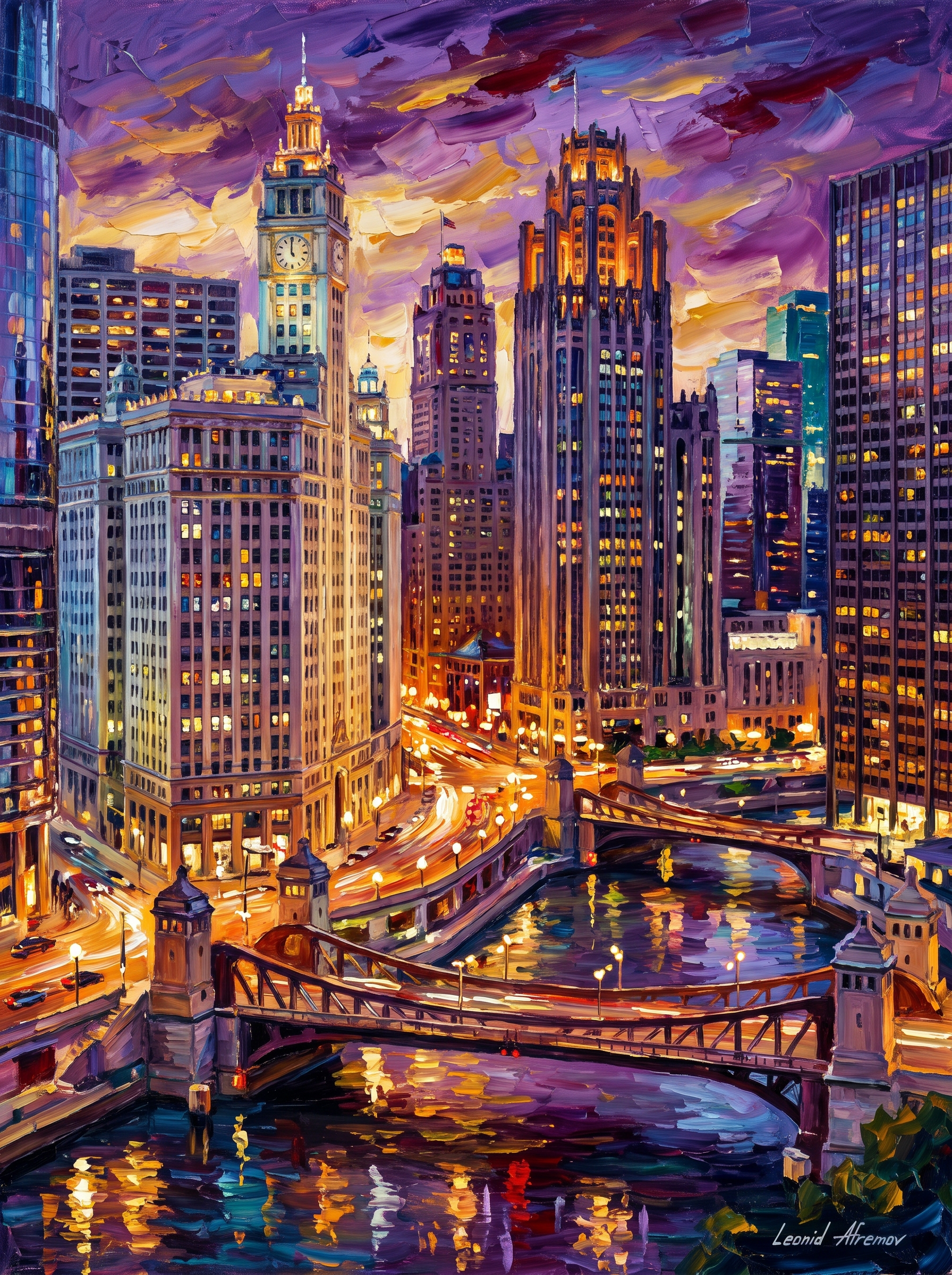 Chicago River Skyline Dusk