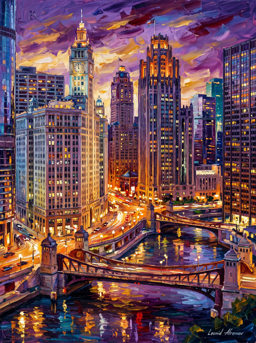 Chicago River Skyline Dusk