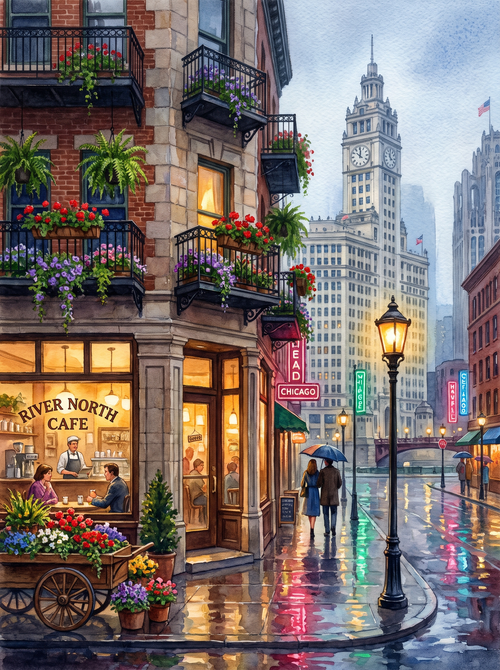 Chicago Wrigley Rainy Café