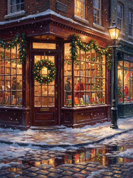 Christmas Bookshop Snowy Corner Night