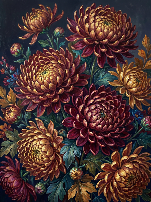 Chrysanthemum Burgundy Gold Dark (Diamond Painting)