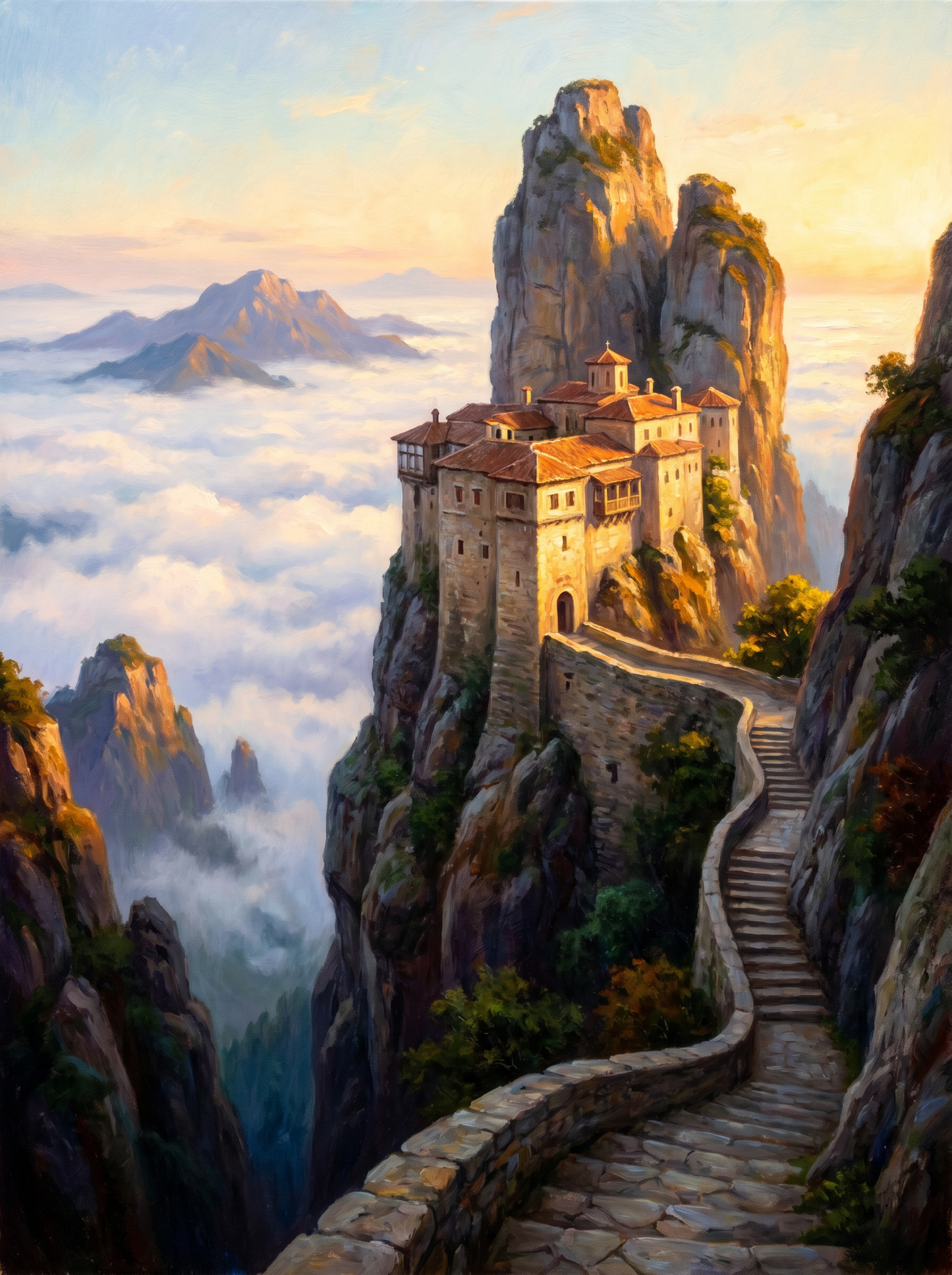 Cliffside Monastery Sea of Clouds Sunrise