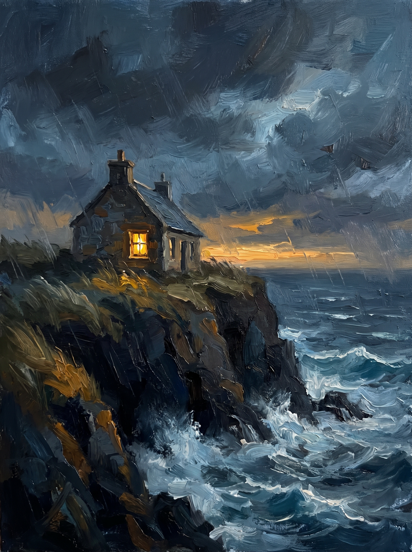 Clifftop Cottage Stormy Evening Warm Window