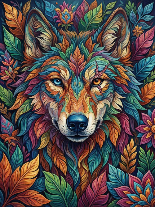 Colorful Wolf Foliage (100 Color Diamond Painting)
