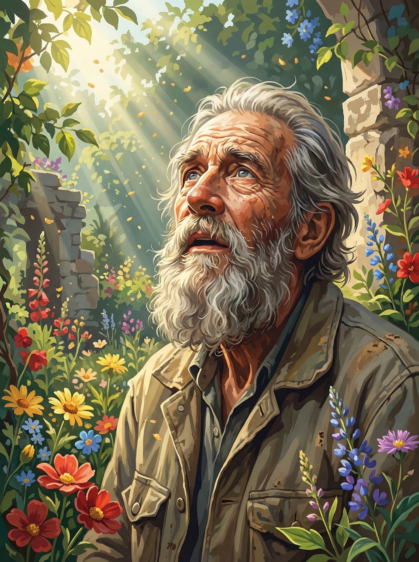 Contemplative Man Among Flowers (100 Color Diamond Painting) Diamond Painting kit