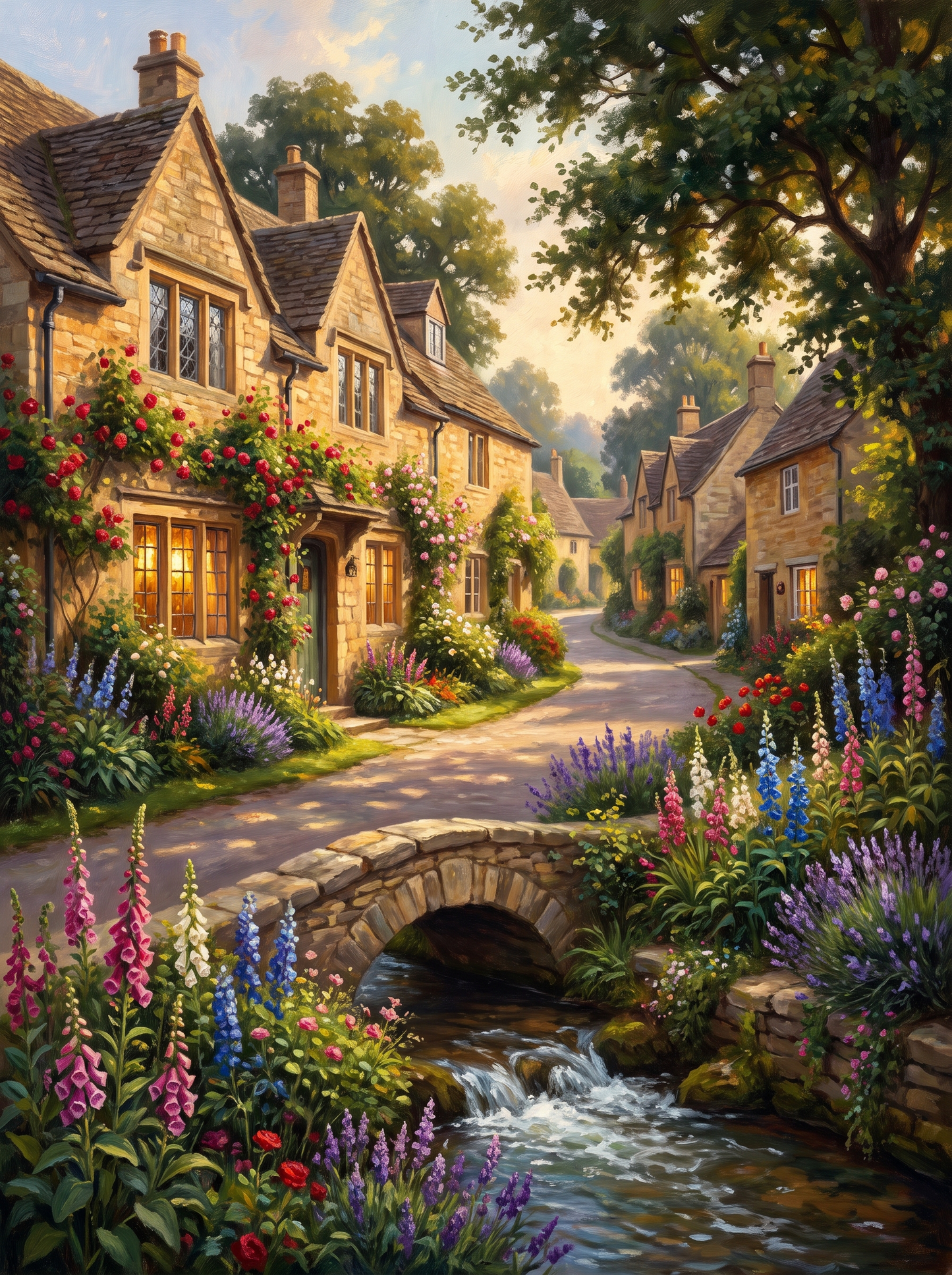 Cotswolds Village Lane Golden Evening