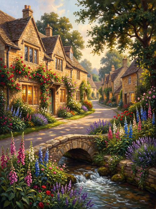 Cotswolds Village Lane Golden Evening