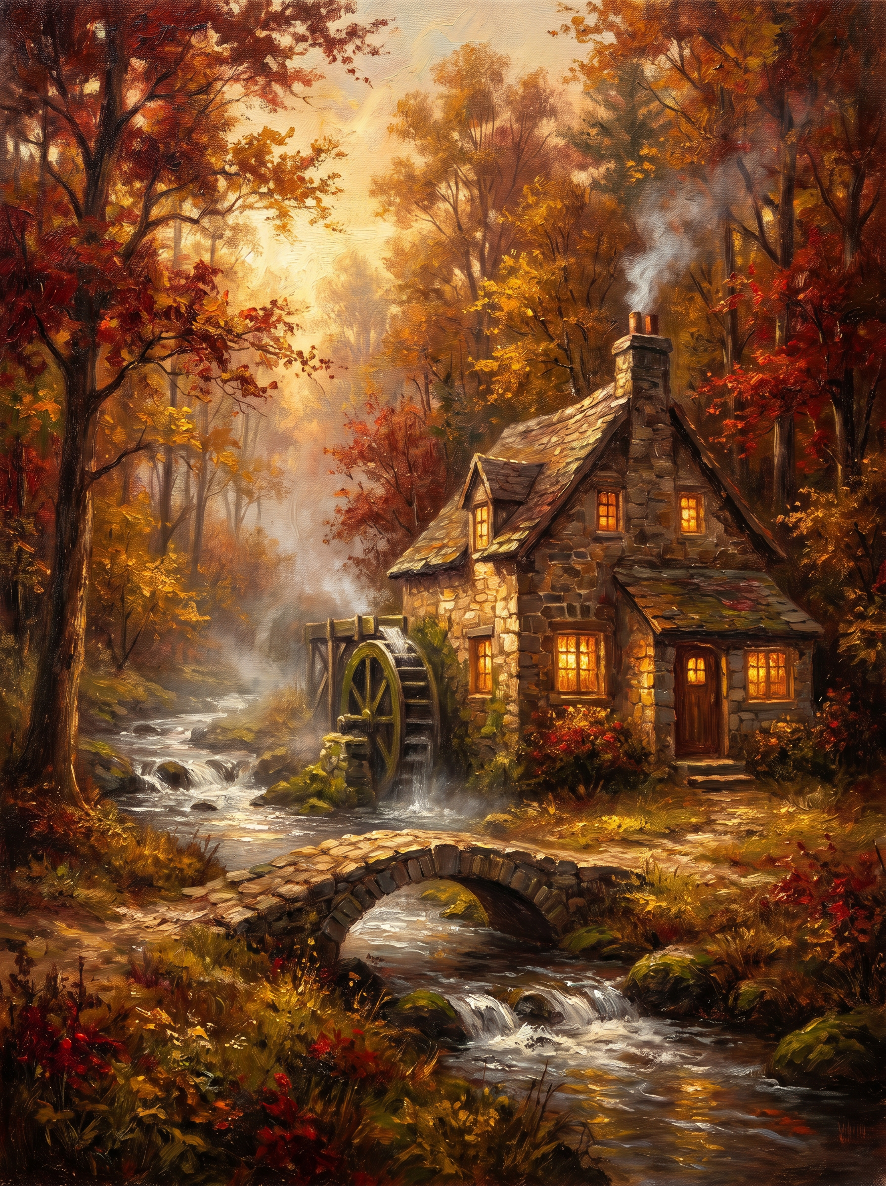 Cottage by Stream Autumn Golden Evening