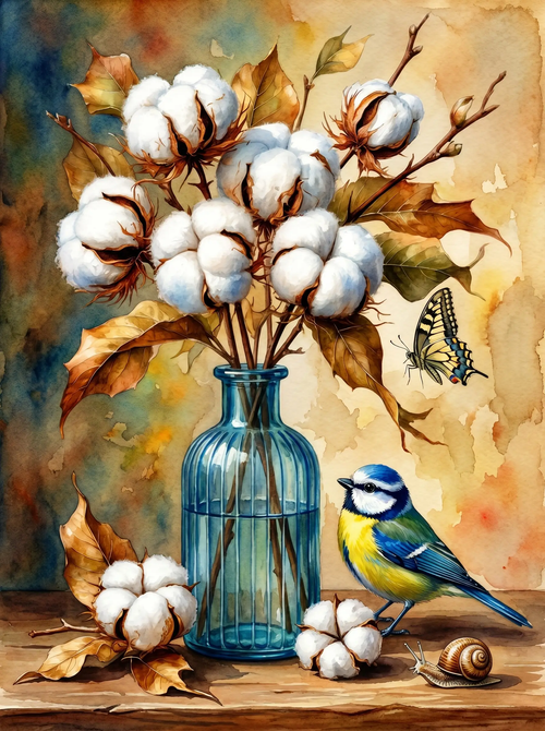 Cotton Bottle Bird Watercolor (Diamond Painting)