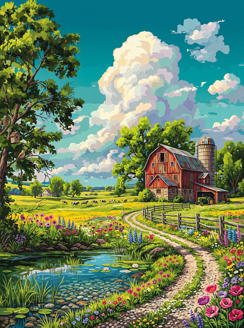 Country Red Barn Flower Path (Diamond Painting)